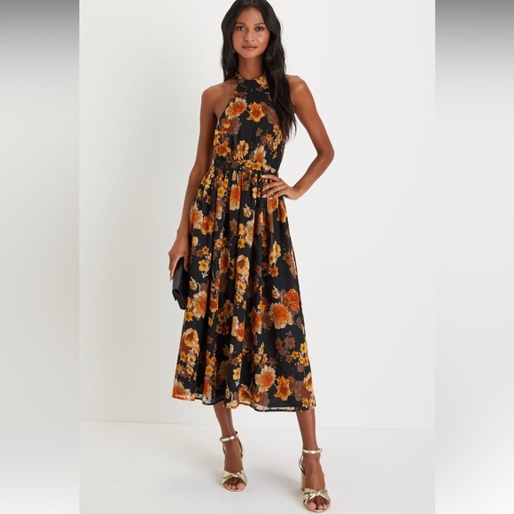 Lulus Dresses Lulus Charming Vision Black Floral Swiss Dot Lurex